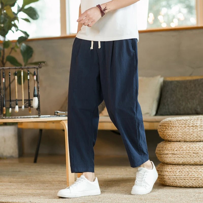 Pantalones de hombre de lino y algodón, pantalones casuales de moda, pantalones cortos sueltos transpirables de Color sólido, pantalones rectos con cordón, ropa de calle para hombre - VibraStore