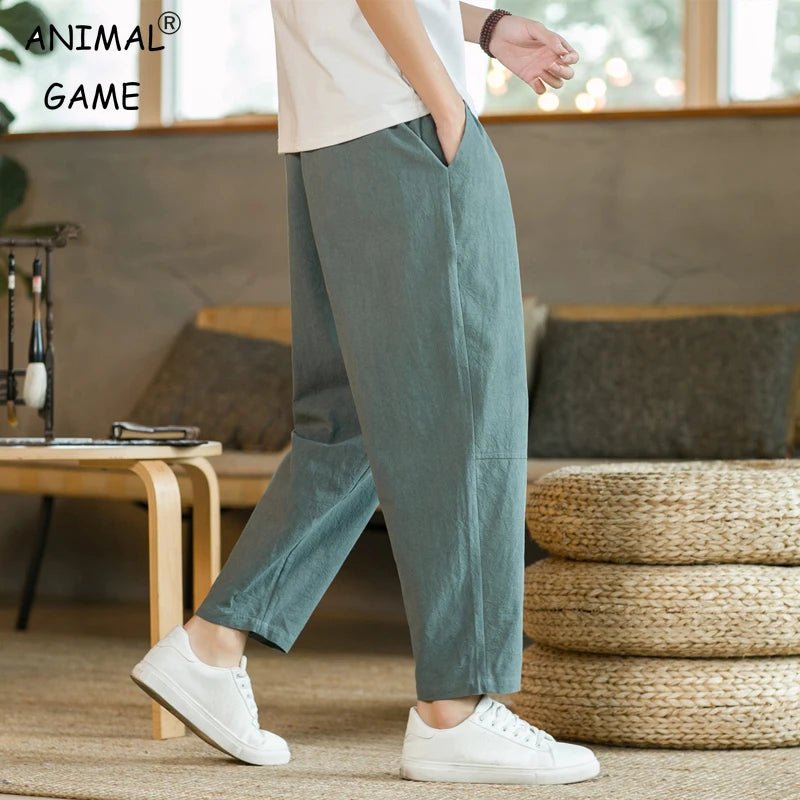 Pantalones de hombre de lino y algodón, pantalones casuales de moda, pantalones cortos sueltos transpirables de Color sólido, pantalones rectos con cordón, ropa de calle para hombre - VibraStore