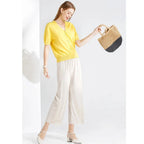 Pantalones de pierna ancha hasta el tobillo para mujer, pantalón informal de cintura elástica sólida, pantalones sueltos de seda de hielo, primavera y verano - VibraStore
