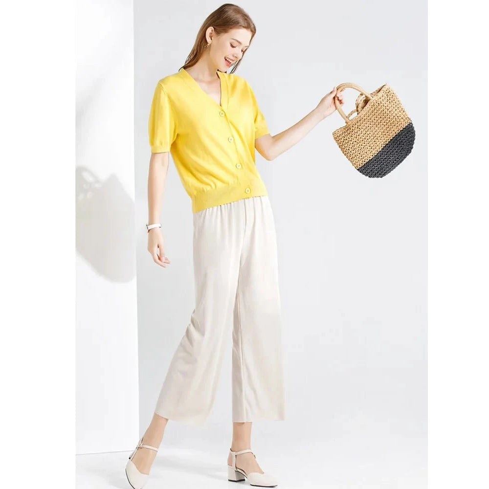 Pantalones de pierna ancha hasta el tobillo para mujer, pantalón informal de cintura elástica sólida, pantalones sueltos de seda de hielo, primavera y verano - VibraStore