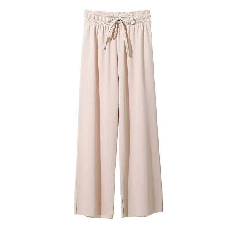 Pantalones de pierna ancha hasta el tobillo para mujer, pantalón informal de cintura elástica sólida, pantalones sueltos de seda de hielo, primavera y verano - VibraStore