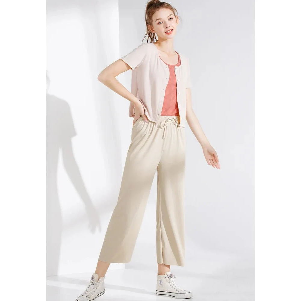 Pantalones de pierna ancha hasta el tobillo para mujer, pantalón informal de cintura elástica sólida, pantalones sueltos de seda de hielo, primavera y verano - VibraStore