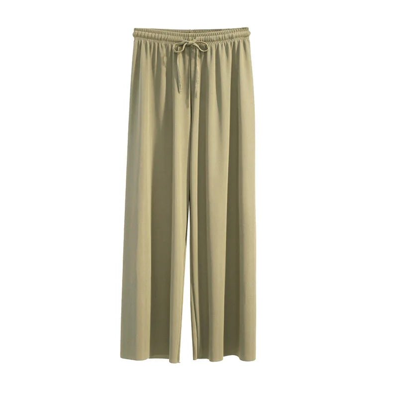 Pantalones de pierna ancha hasta el tobillo para mujer, pantalón informal de cintura elástica sólida, pantalones sueltos de seda de hielo, primavera y verano - VibraStore