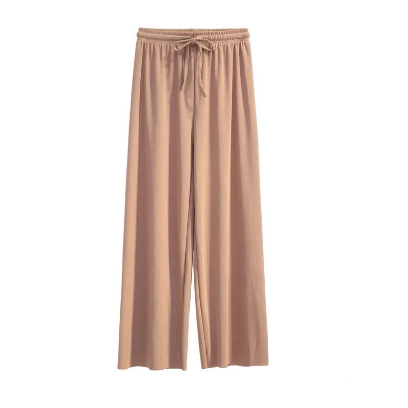 Pantalones de pierna ancha hasta el tobillo para mujer, pantalón informal de cintura elástica sólida, pantalones sueltos de seda de hielo, primavera y verano - VibraStore