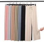 Pantalones de pierna ancha hasta el tobillo para mujer, pantalón informal de cintura elástica sólida, pantalones sueltos de seda de hielo, primavera y verano - VibraStore