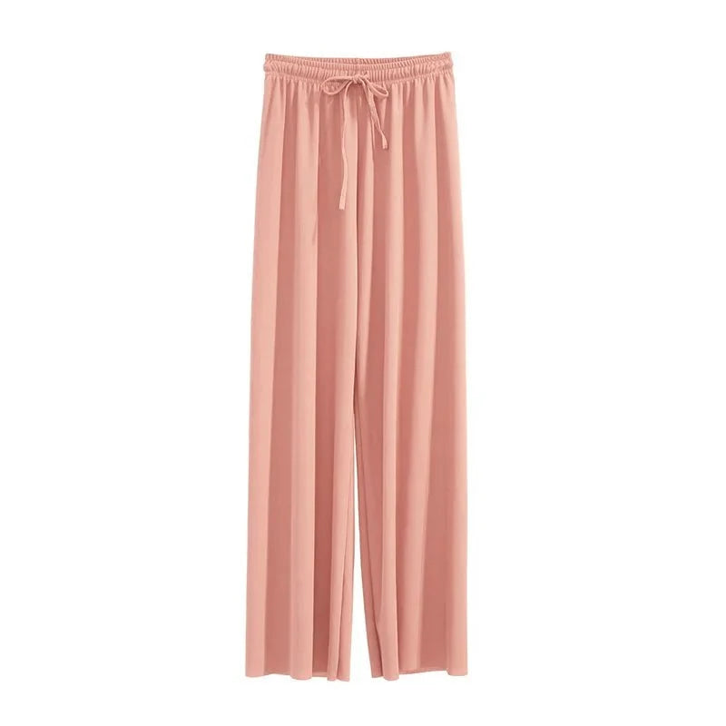 Pantalones de pierna ancha hasta el tobillo para mujer, pantalón informal de cintura elástica sólida, pantalones sueltos de seda de hielo, primavera y verano - VibraStore