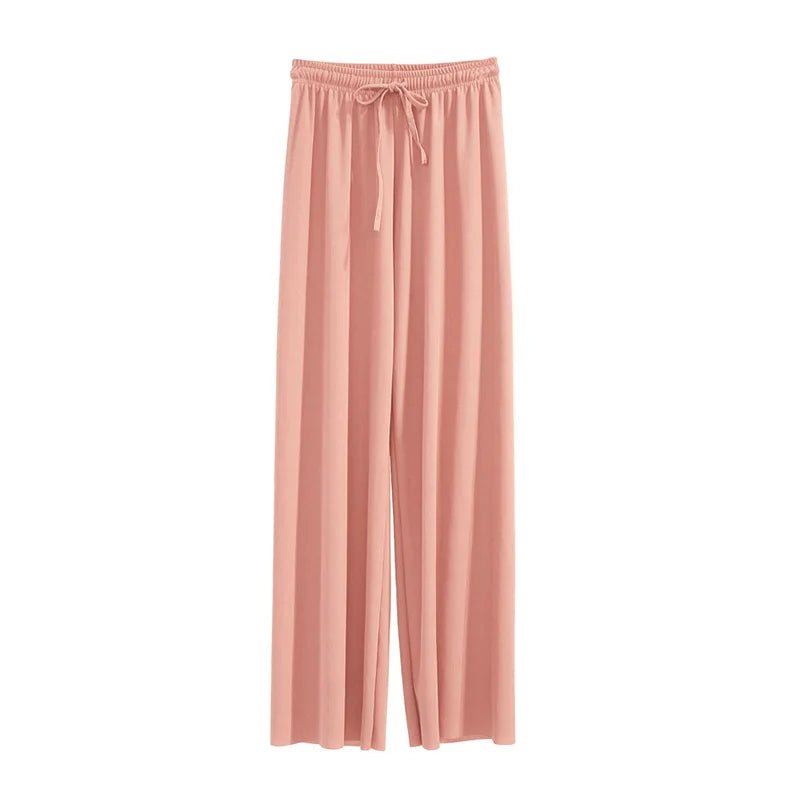 Pantalones de pierna ancha hasta el tobillo para mujer, pantalón informal de cintura elástica sólida, pantalones sueltos de seda de hielo, primavera y verano - VibraStore