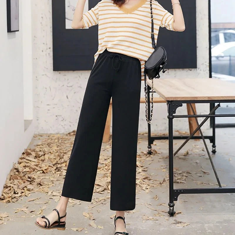 Pantalones de pierna ancha hasta el tobillo para mujer, pantalón informal de cintura elástica sólida, pantalones sueltos de seda de hielo, primavera y verano - VibraStore