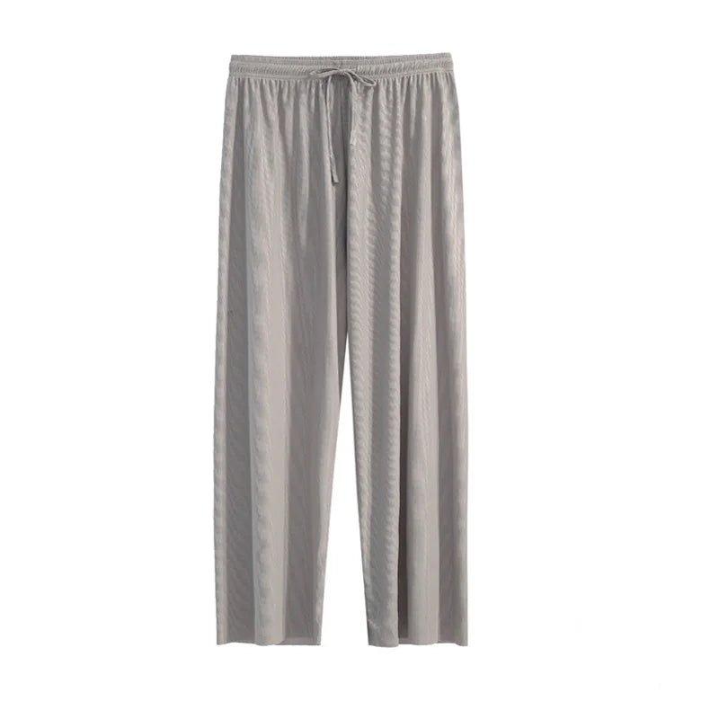 Pantalones de pierna ancha hasta el tobillo para mujer, pantalón informal de cintura elástica sólida, pantalones sueltos de seda de hielo, primavera y verano - VibraStore