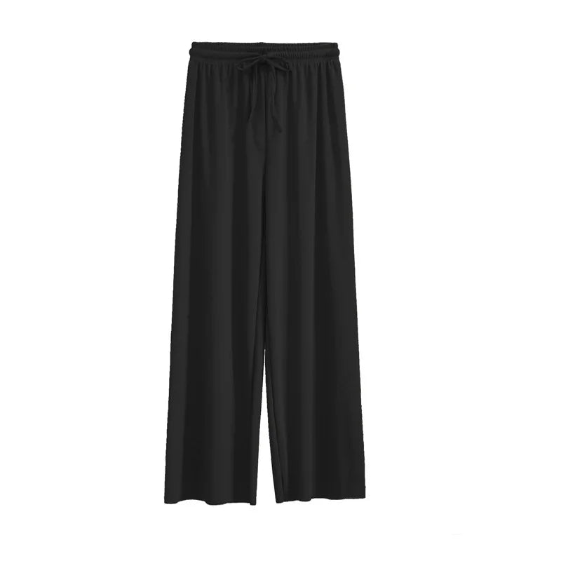 Pantalones de pierna ancha hasta el tobillo para mujer, pantalón informal de cintura elástica sólida, pantalones sueltos de seda de hielo, primavera y verano - VibraStore