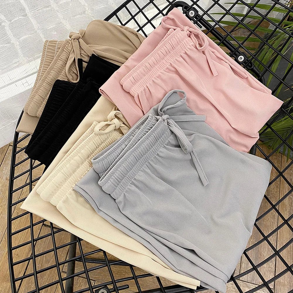 Pantalones de pierna ancha hasta el tobillo para mujer, pantalón informal de cintura elástica sólida, pantalones sueltos de seda de hielo, primavera y verano - VibraStore