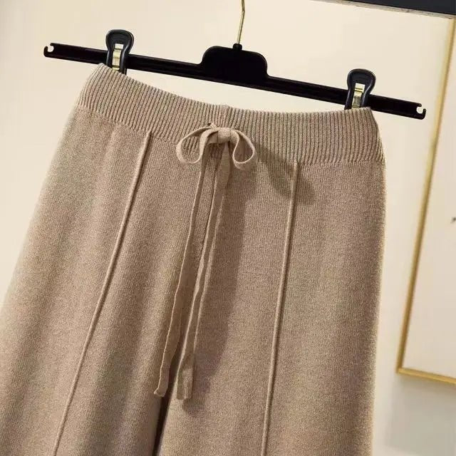 Pantalones de punto para mujer, primavera y otoño, cintura alta, elásticos, con cordón, sueltos, informales, para fregar, rectos, de pierna ancha - VibraStore
