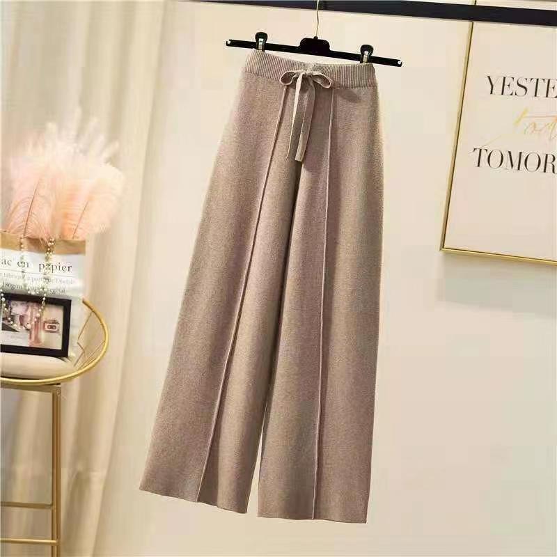 Pantalones de punto para mujer, primavera y otoño, cintura alta, elásticos, con cordón, sueltos, informales, para fregar, rectos, de pierna ancha - VibraStore