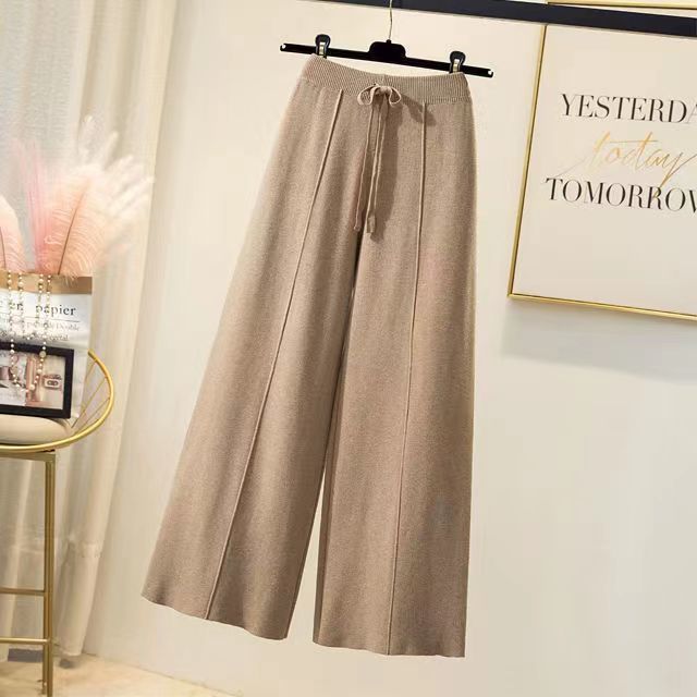 Pantalones de punto para mujer, primavera y otoño, cintura alta, elásticos, con cordón, sueltos, informales, para fregar, rectos, de pierna ancha - VibraStore