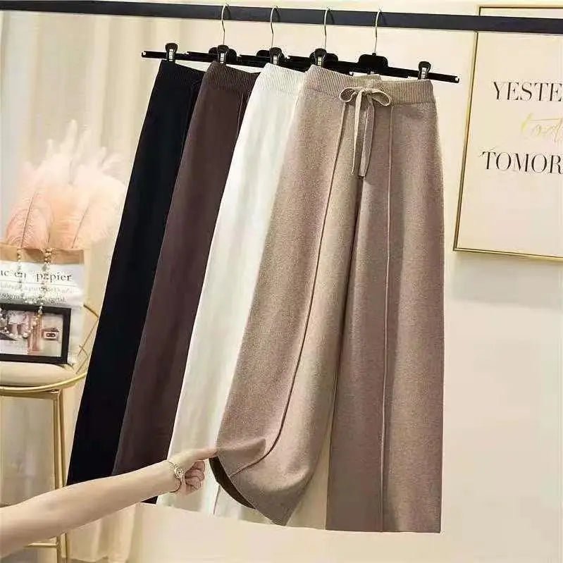 Pantalones de punto para mujer, primavera y otoño, cintura alta, elásticos, con cordón, sueltos, informales, para fregar, rectos, de pierna ancha - VibraStore