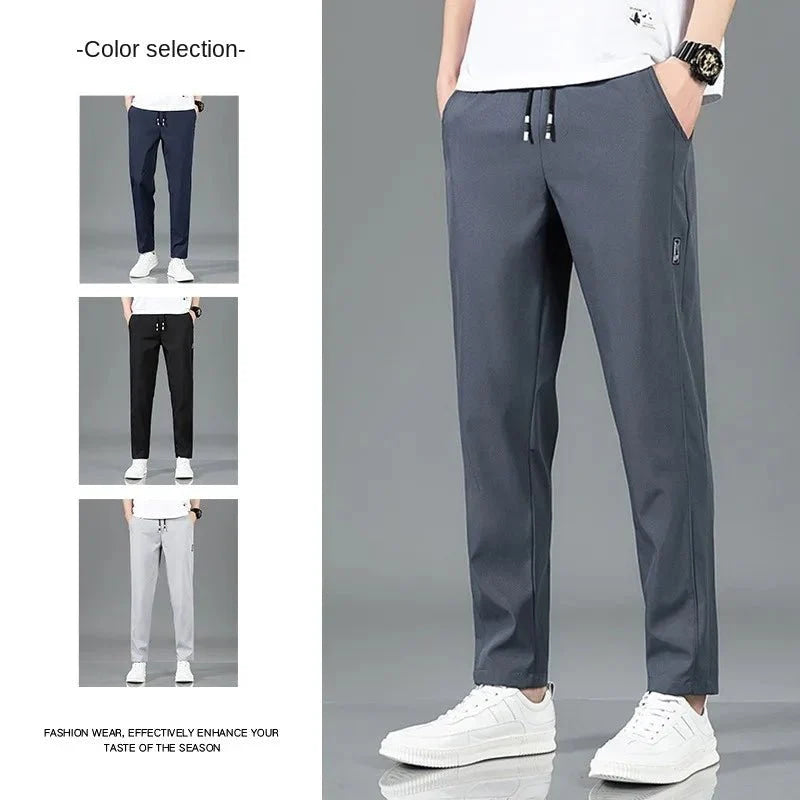 Pantalones de seda de hielo para hombre,pantalones informales de negocios finos negros y grises, pantalones de chándal de pierna recta transpirables elásticos para exteriores - VibraStore