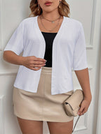 Plus Size Elegant Cardigan, Women's Plus Basic Half Sleeve Slight Stretch Cardigan - VibraStore