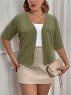 Plus Size Elegant Cardigan, Women's Plus Basic Half Sleeve Slight Stretch Cardigan - VibraStore