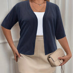Plus Size Elegant Cardigan, Women's Plus Basic Half Sleeve Slight Stretch Cardigan - VibraStore