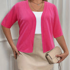 Plus Size Elegant Cardigan, Women's Plus Basic Half Sleeve Slight Stretch Cardigan - VibraStore