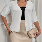 Plus Size Elegant Cardigan, Women's Plus Basic Half Sleeve Slight Stretch Cardigan - VibraStore