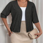 Plus Size Elegant Cardigan, Women's Plus Basic Half Sleeve Slight Stretch Cardigan - VibraStore