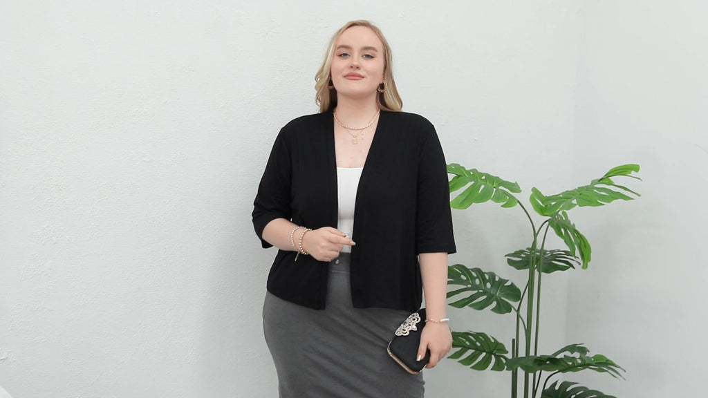 Plus Size Elegant Cardigan, Women's Plus Basic Half Sleeve Slight Stretch Cardigan - VibraStore