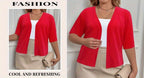 Plus Size Elegant Cardigan, Women's Plus Basic Half Sleeve Slight Stretch Cardigan - VibraStore