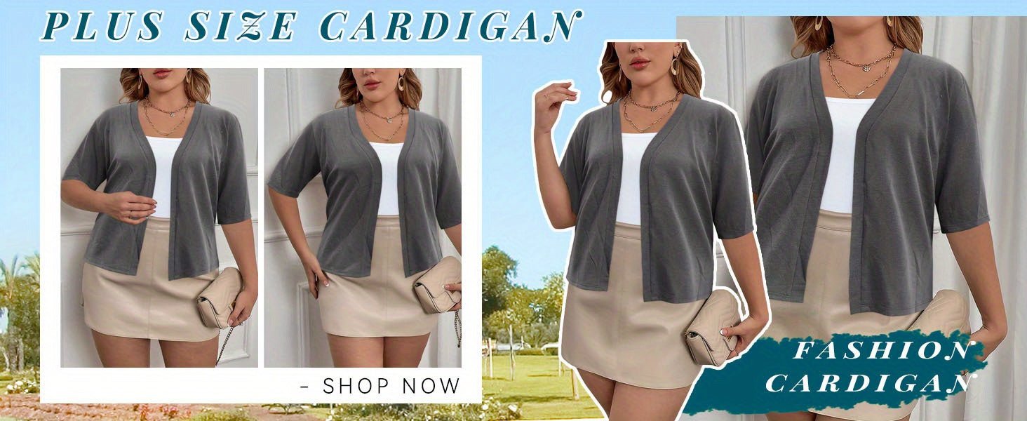 Plus Size Elegant Cardigan, Women's Plus Basic Half Sleeve Slight Stretch Cardigan - VibraStore