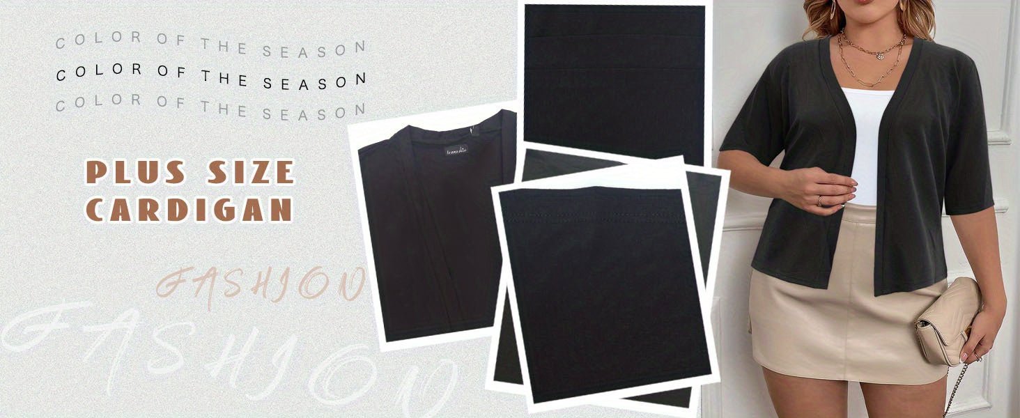 Plus Size Elegant Cardigan, Women's Plus Basic Half Sleeve Slight Stretch Cardigan - VibraStore