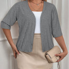 Plus Size Elegant Cardigan, Women's Plus Basic Half Sleeve Slight Stretch Cardigan - VibraStore