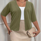Plus Size Elegant Cardigan, Women's Plus Basic Half Sleeve Slight Stretch Cardigan - VibraStore