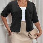 Plus Size Elegant Cardigan, Women's Plus Basic Half Sleeve Slight Stretch Cardigan - VibraStore