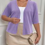 Plus Size Elegant Cardigan, Women's Plus Basic Half Sleeve Slight Stretch Cardigan - VibraStore