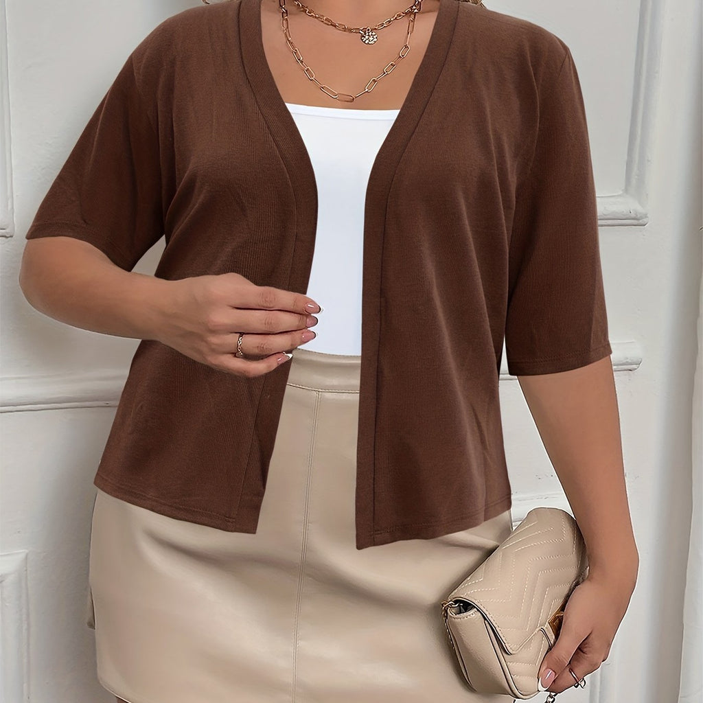 Plus Size Elegant Cardigan, Women's Plus Basic Half Sleeve Slight Stretch Cardigan - VibraStore