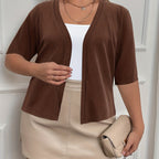 Plus Size Elegant Cardigan, Women's Plus Basic Half Sleeve Slight Stretch Cardigan - VibraStore