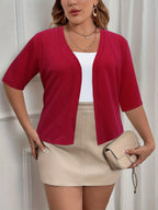 Plus Size Elegant Cardigan, Women's Plus Basic Half Sleeve Slight Stretch Cardigan - VibraStore