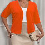 Plus Size Elegant Cardigan, Women's Plus Basic Half Sleeve Slight Stretch Cardigan - VibraStore