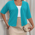 Plus Size Elegant Cardigan, Women's Plus Basic Half Sleeve Slight Stretch Cardigan - VibraStore