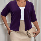 Plus Size Elegant Cardigan, Women's Plus Basic Half Sleeve Slight Stretch Cardigan - VibraStore