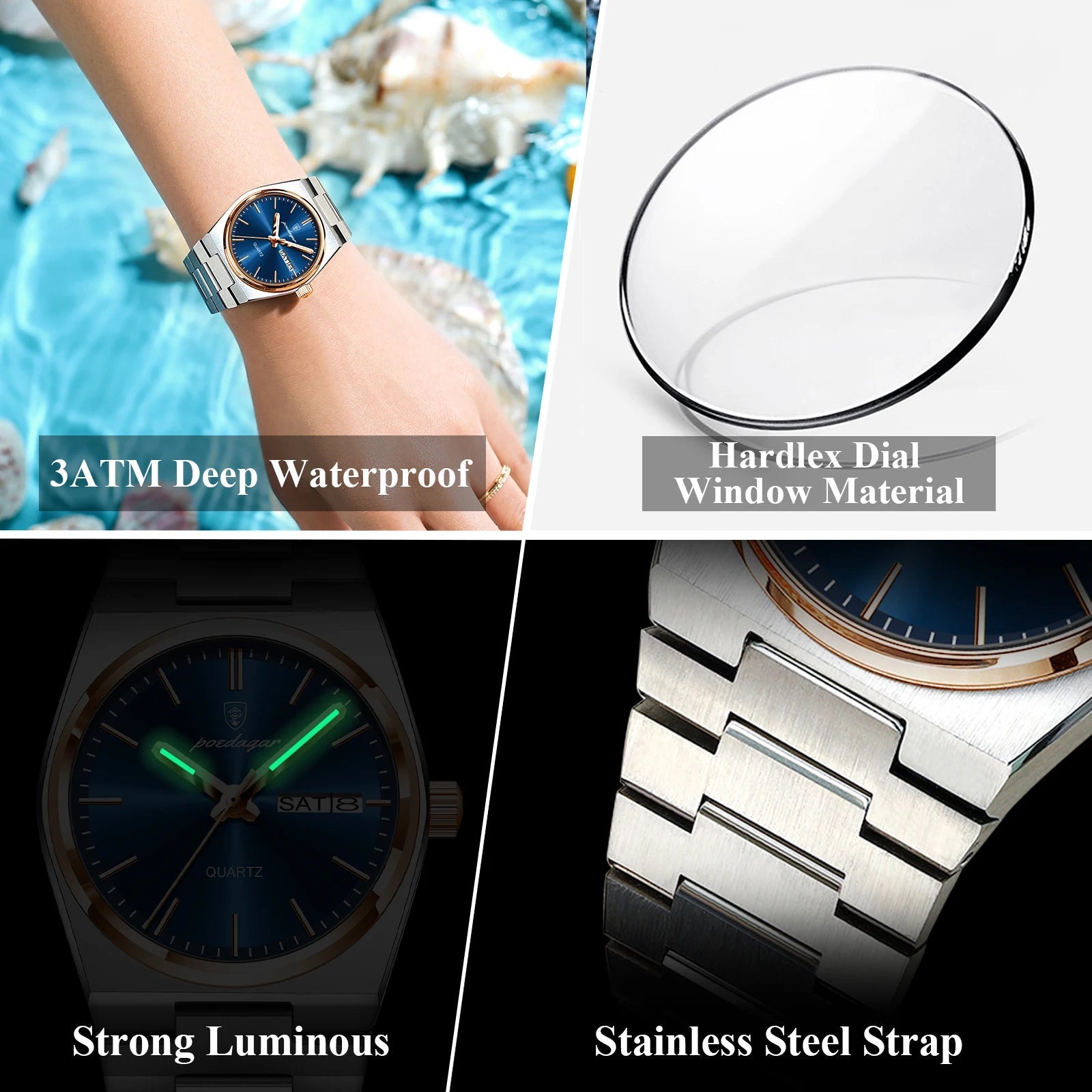 POEDAGAR Fashion Woman Watch Stainless Steel Waterproof Luminous Luxury Ladies Wristwatch Date Week Women's Quartz Watches Reloj - VibraStore