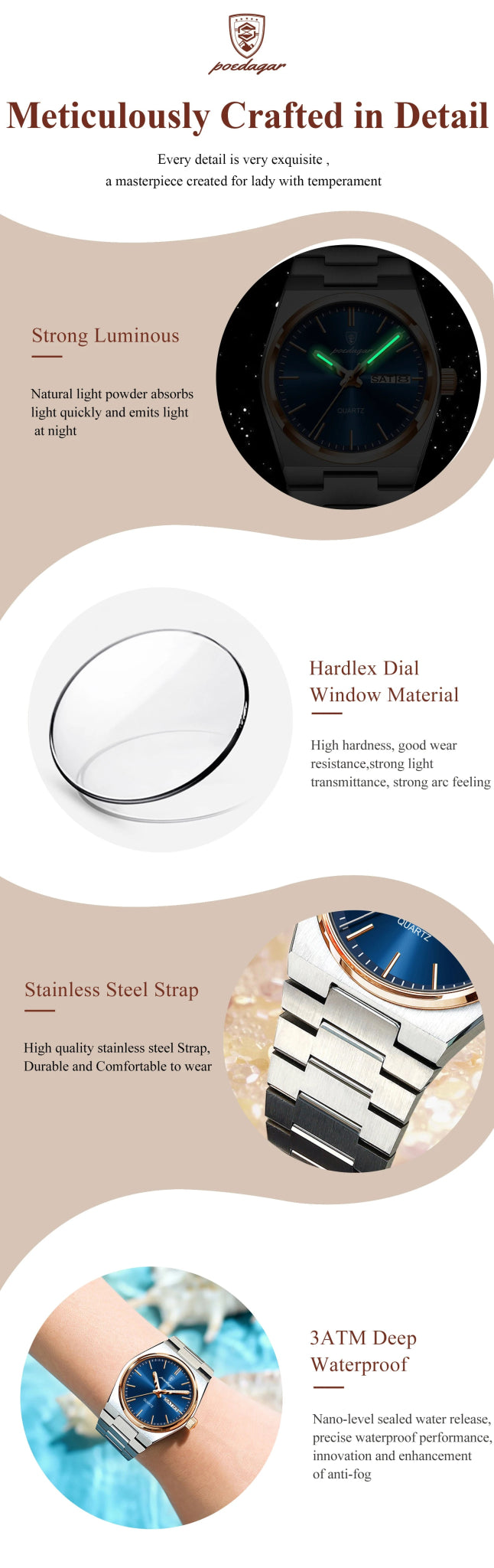 POEDAGAR Fashion Woman Watch Stainless Steel Waterproof Luminous Luxury Ladies Wristwatch Date Week Women's Quartz Watches Reloj - VibraStore