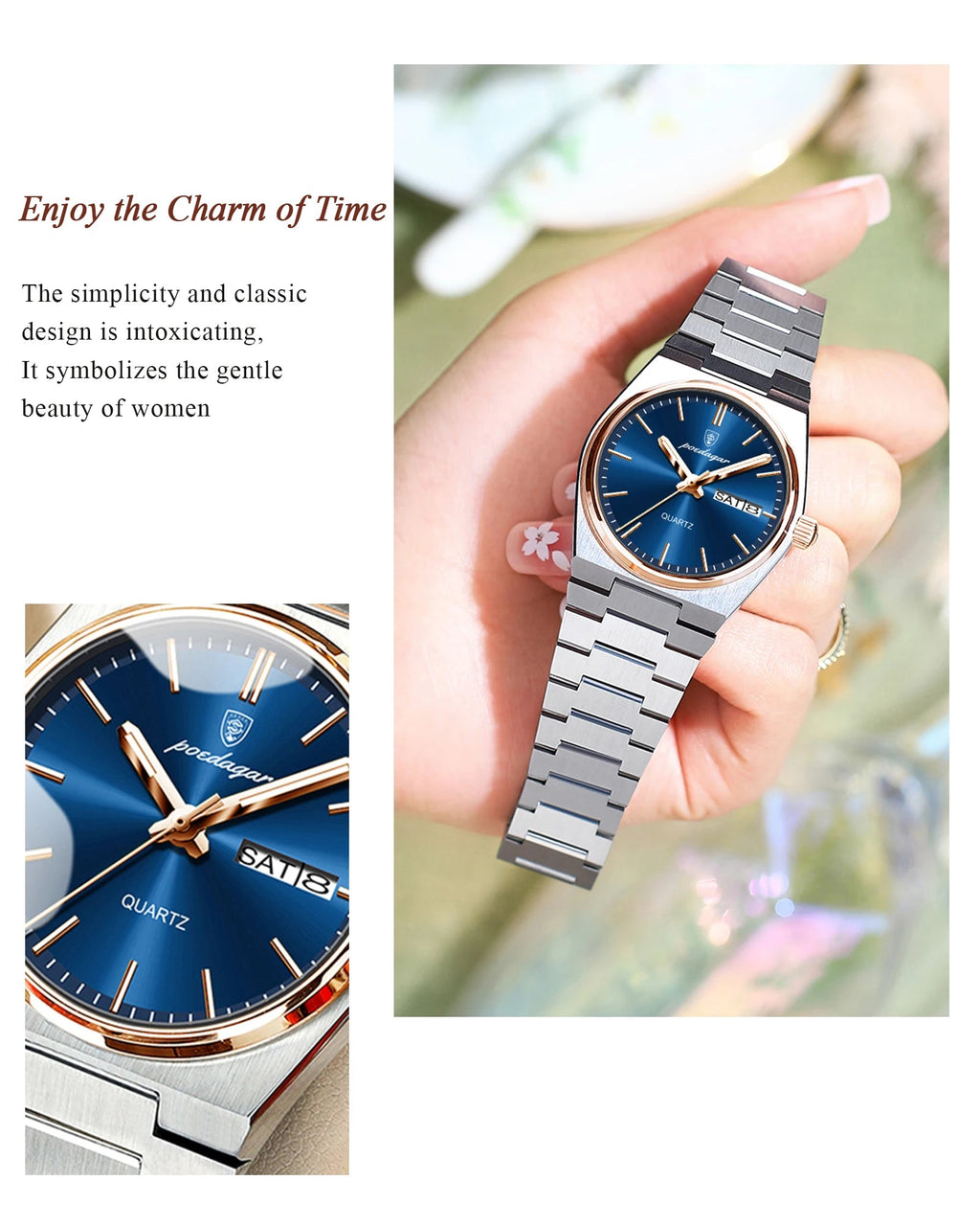 POEDAGAR Fashion Woman Watch Stainless Steel Waterproof Luminous Luxury Ladies Wristwatch Date Week Women's Quartz Watches Reloj - VibraStore