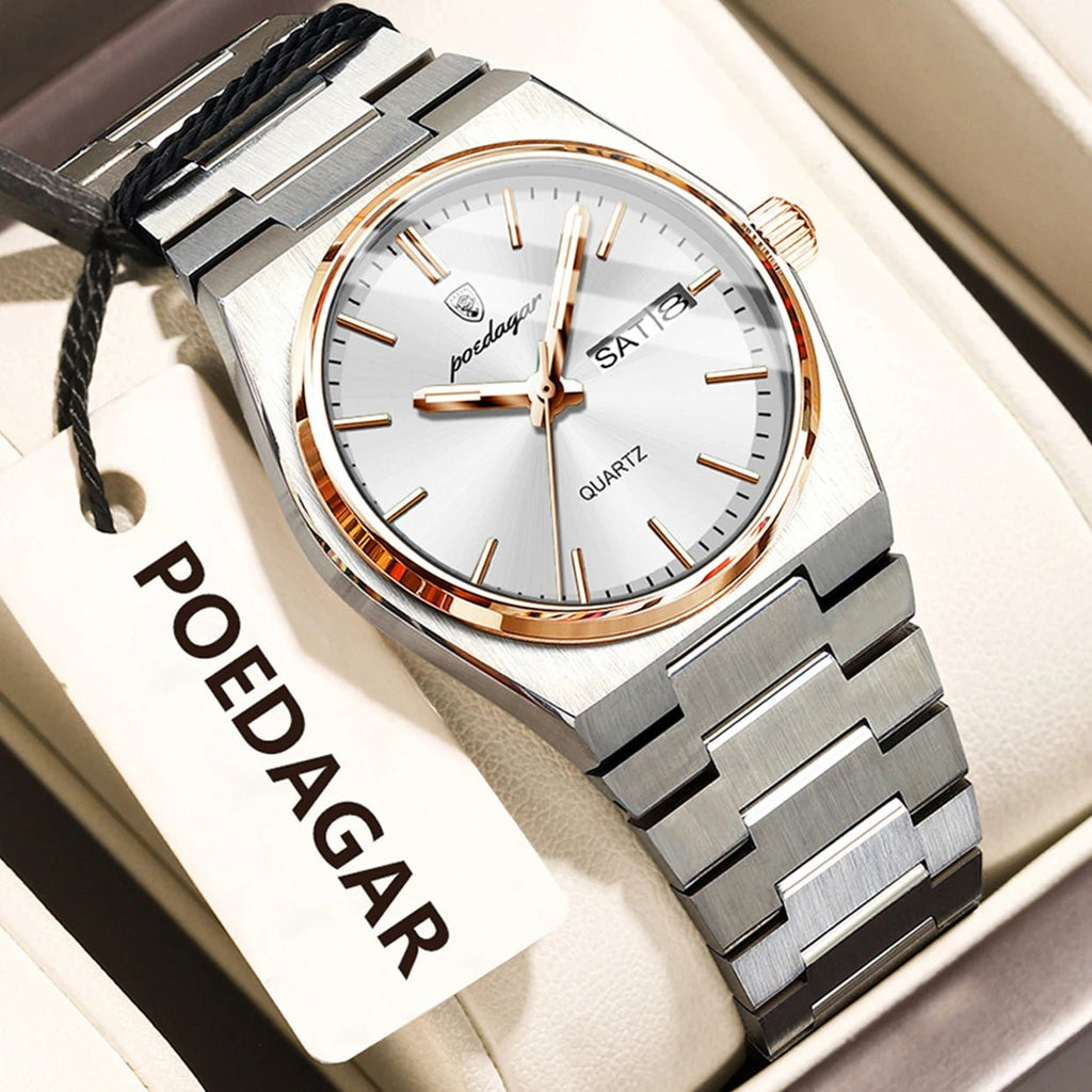 POEDAGAR Fashion Woman Watch Stainless Steel Waterproof Luminous Luxury Ladies Wristwatch Date Week Women's Quartz Watches Reloj - VibraStore