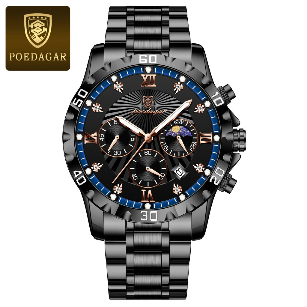 POEDAGAR Luxury Sports Watches For Men Stainless Steel Chronograph Date Man Watch Waterproof Luminous Fashion Men's Quartz Watch - VibraStore