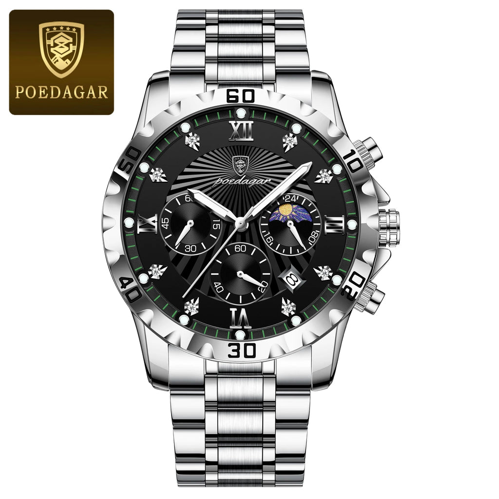 POEDAGAR Luxury Sports Watches For Men Stainless Steel Chronograph Date Man Watch Waterproof Luminous Fashion Men's Quartz Watch - VibraStore