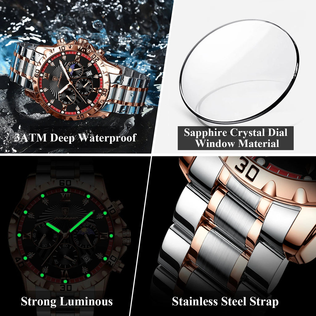 POEDAGAR Luxury Sports Watches For Men Stainless Steel Chronograph Date Man Watch Waterproof Luminous Fashion Men's Quartz Watch - VibraStore