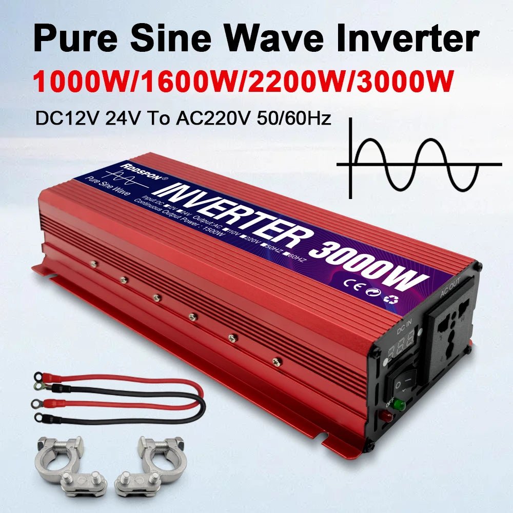 Portable Power Inverter 1000W 1600W 2200W 3000W Pure Sine Wave Solar Inverter 12v/24v to AC 220v Converter for Car Transformer - VibraStore