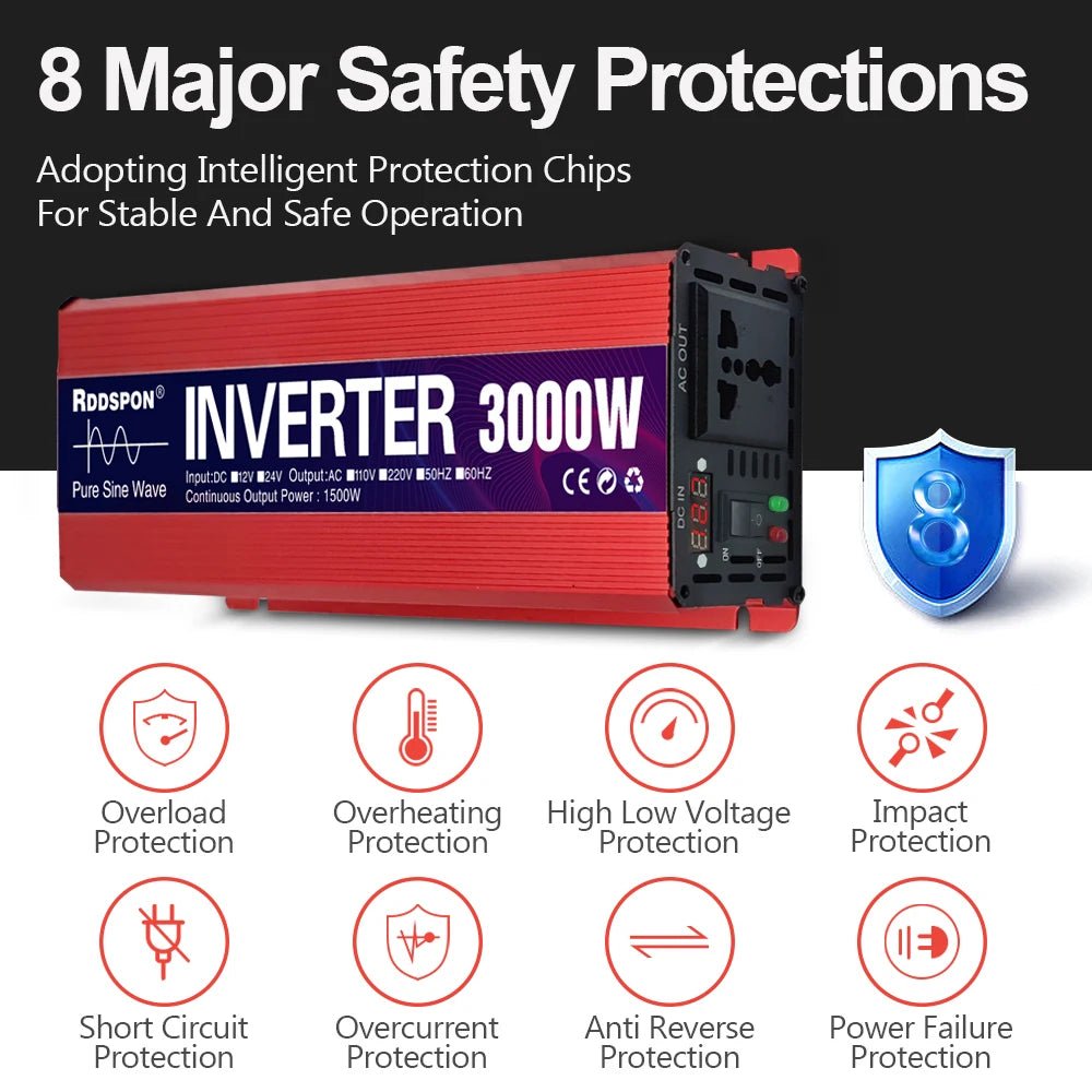 Portable Power Inverter 1000W 1600W 2200W 3000W Pure Sine Wave Solar Inverter 12v/24v to AC 220v Converter for Car Transformer - VibraStore