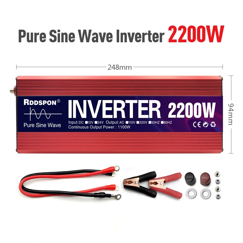 Portable Power Inverter 1000W 1600W 2200W 3000W Pure Sine Wave Solar Inverter 12v/24v to AC 220v Converter for Car Transformer - VibraStore